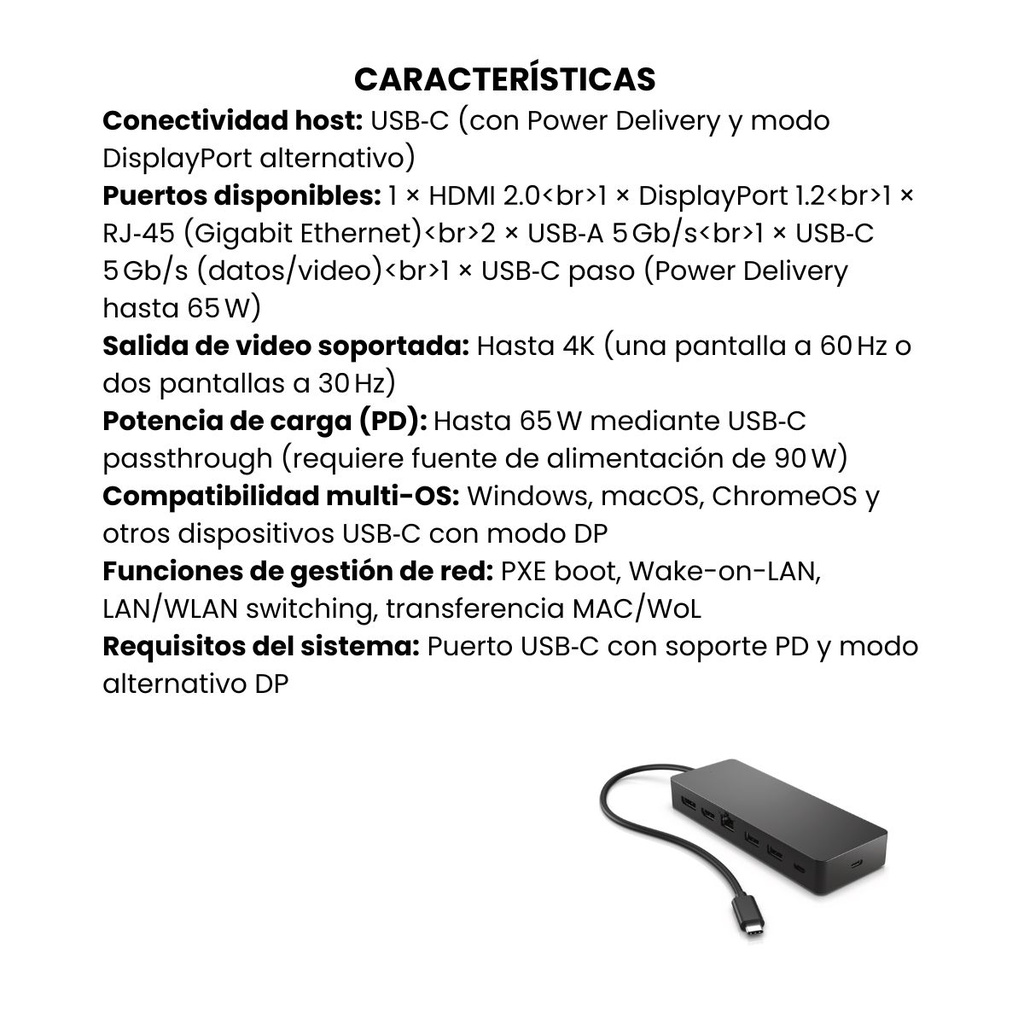 Docking Mini HP HDMI,Display port, RJ45,USB-C Carga y Video 65W Negro