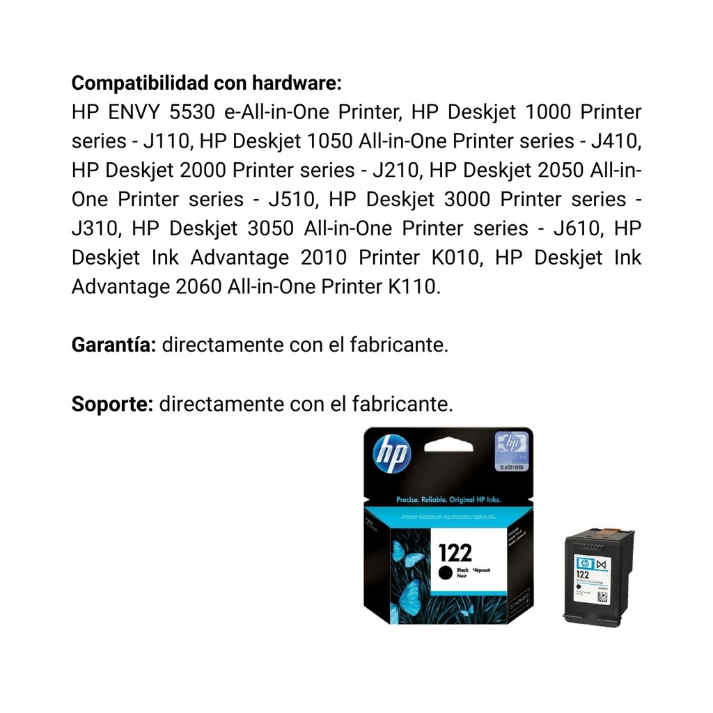 Cartucho Original De Tinta Hp 122 Negra, 120 Páginas, 2 ml