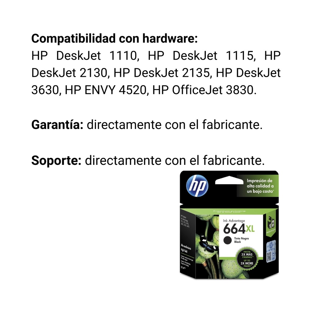 Cartucho Original De Tinta Hp 664xl Alto Rendimiento Negra, 480 Páginas, 8.5 ml