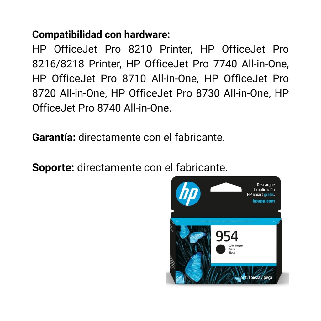 Cartucho Original De Tinta Hp 954 Negra, 1.000 Páginas, 23.5 ml