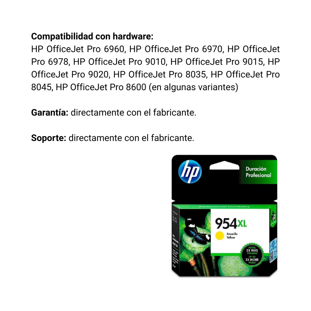 Cartucho Original De Tinta Hp 954xl Alto Rendimiento Amarillo, 1.600 Páginas, 20 ml