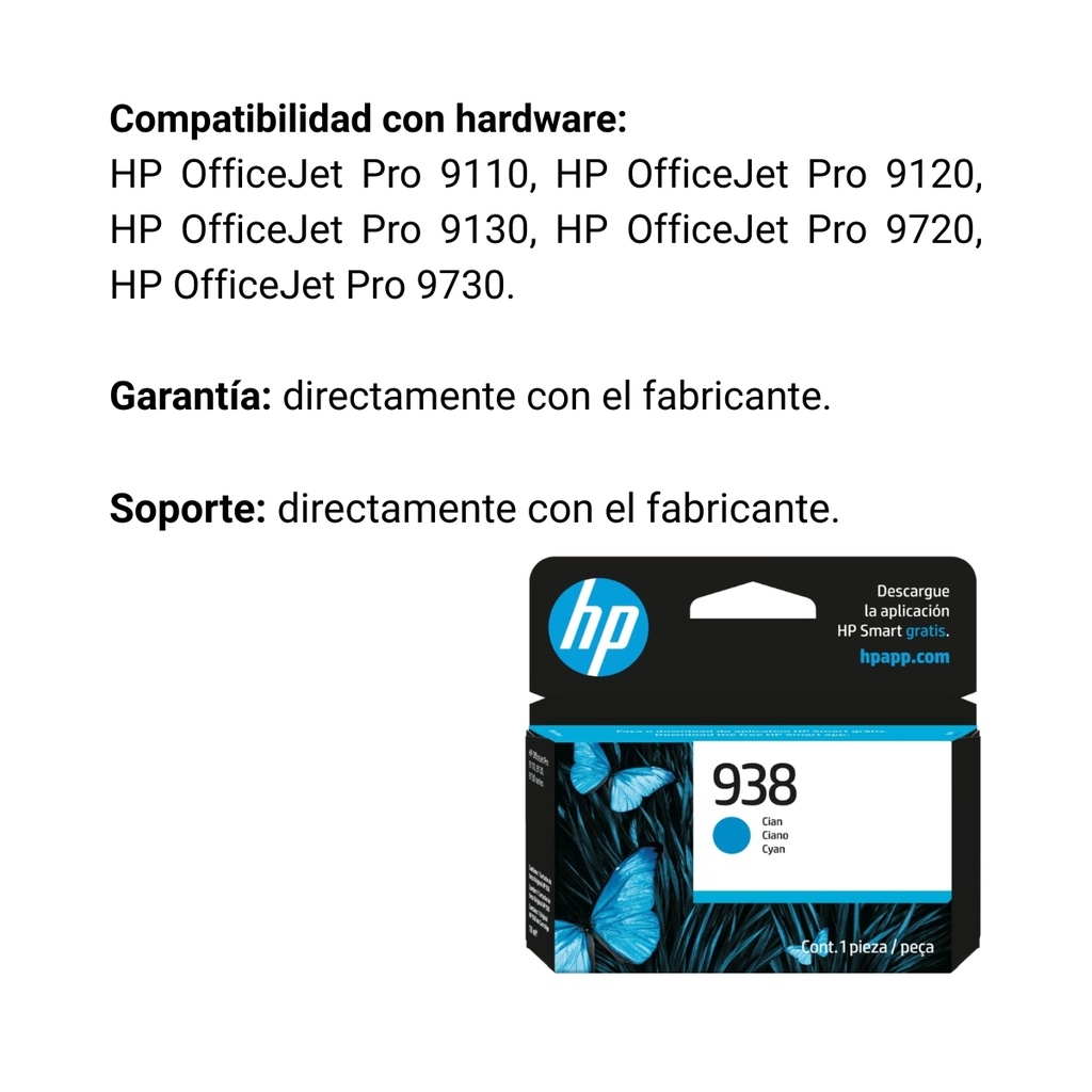 Cartucho Original De Tinta HP 938 Cian, 800 Páginas, 10 ml