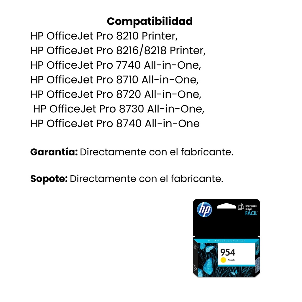 Cartucho Original De Tinta Hp 954 Amarillo, 700 Páginas, 10 ml