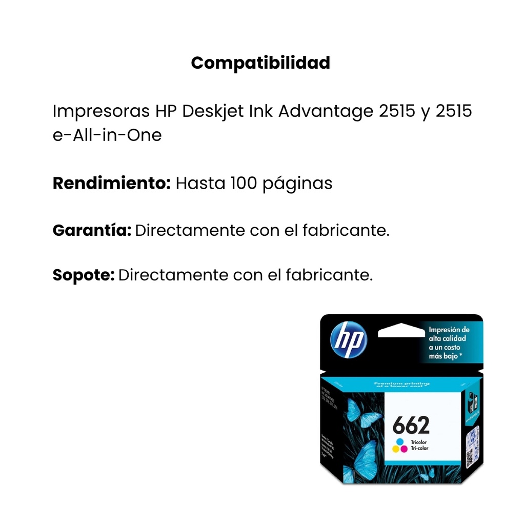 Cartucho Original De Tinta Hp 662 Tricolor, 100 Páginas, 2 ml