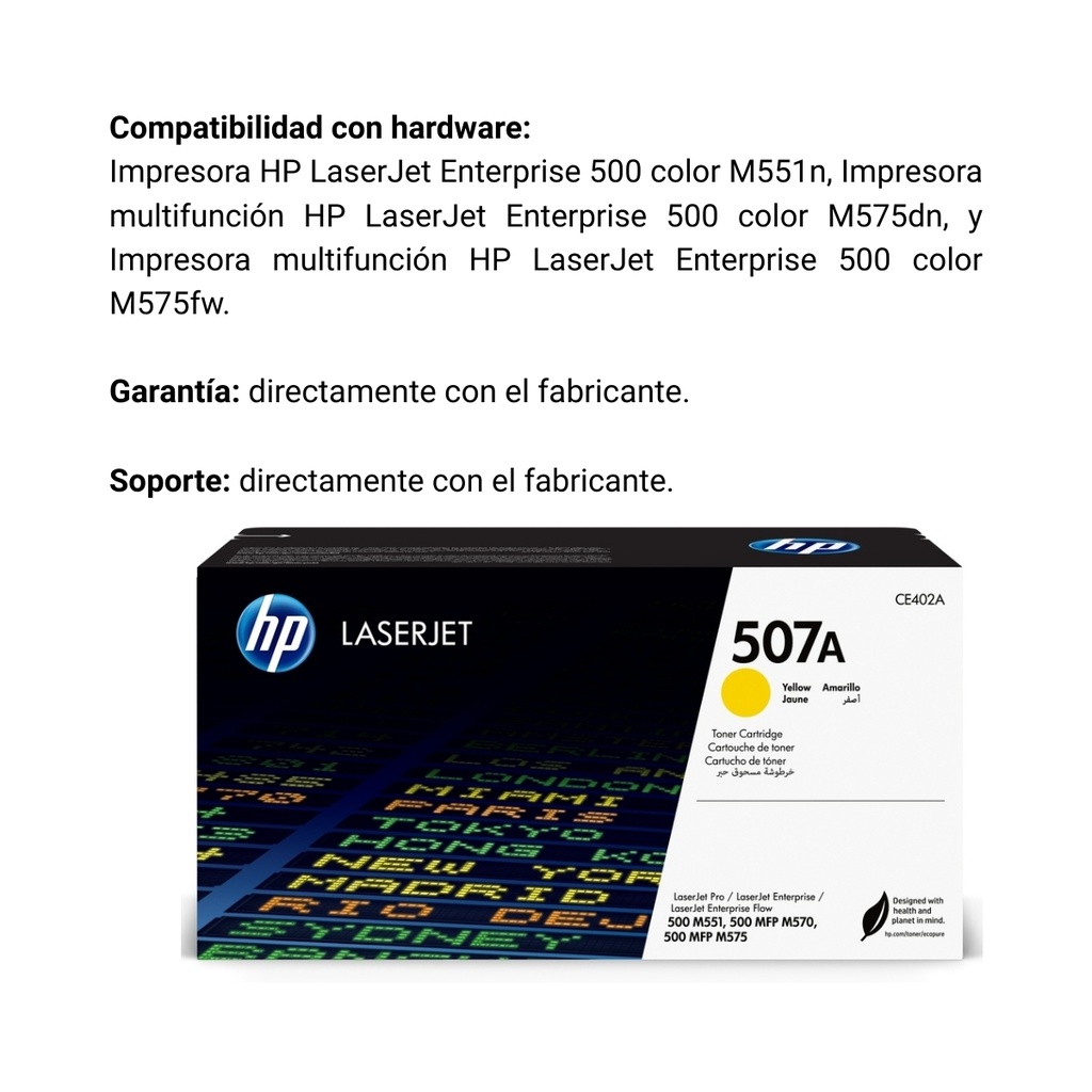Cartucho Original De Tóner Hp 507a Amarillo, 6.000 Páginas