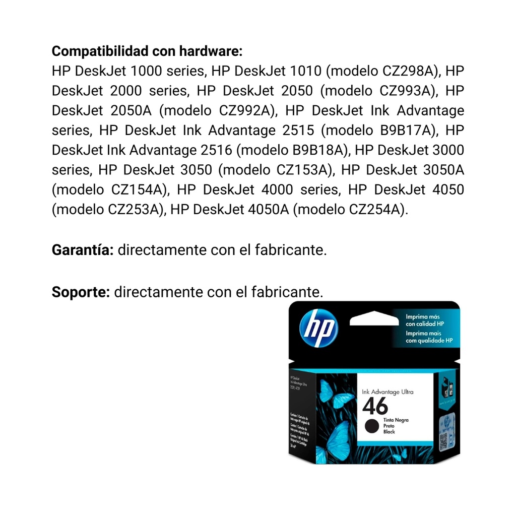 Cartucho Original De Tinta Hp 46 Negra, 1.500 Páginas, 26 ml
