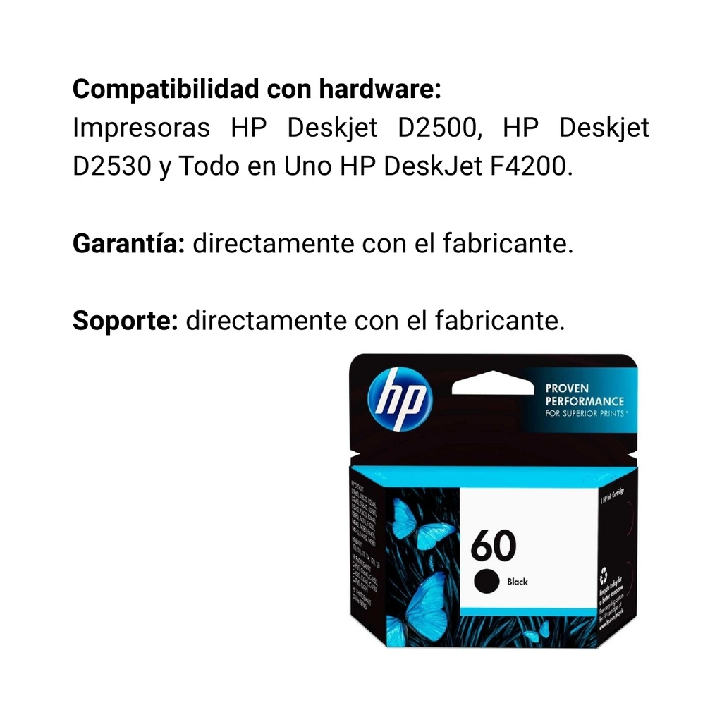 Cartucho Original De Tinta Hp 60 Negra, 200 Páginas, 4 ml