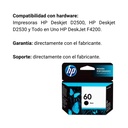 Cartucho Original De Tinta Hp 60 Negra, 200 Páginas, 4 ml