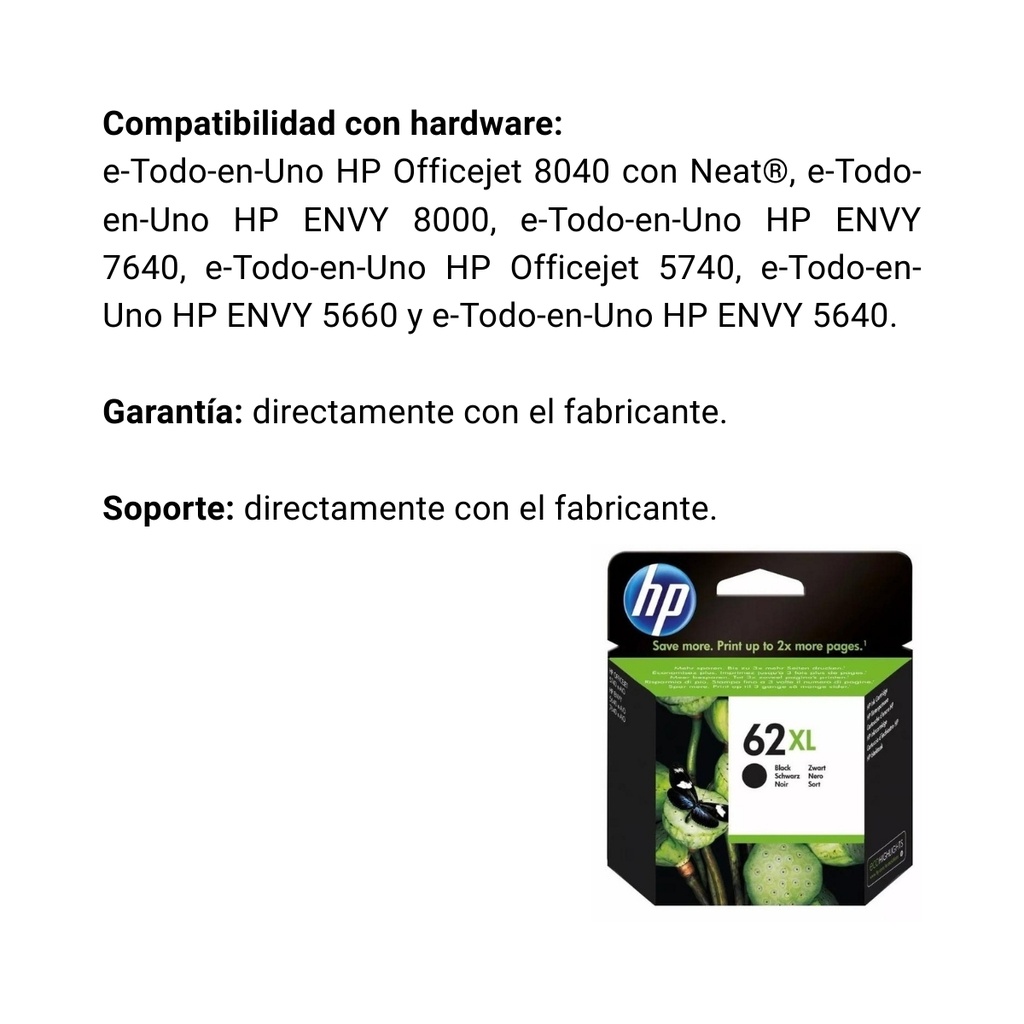 Cartucho de Tinta HP 62XL Negra Original