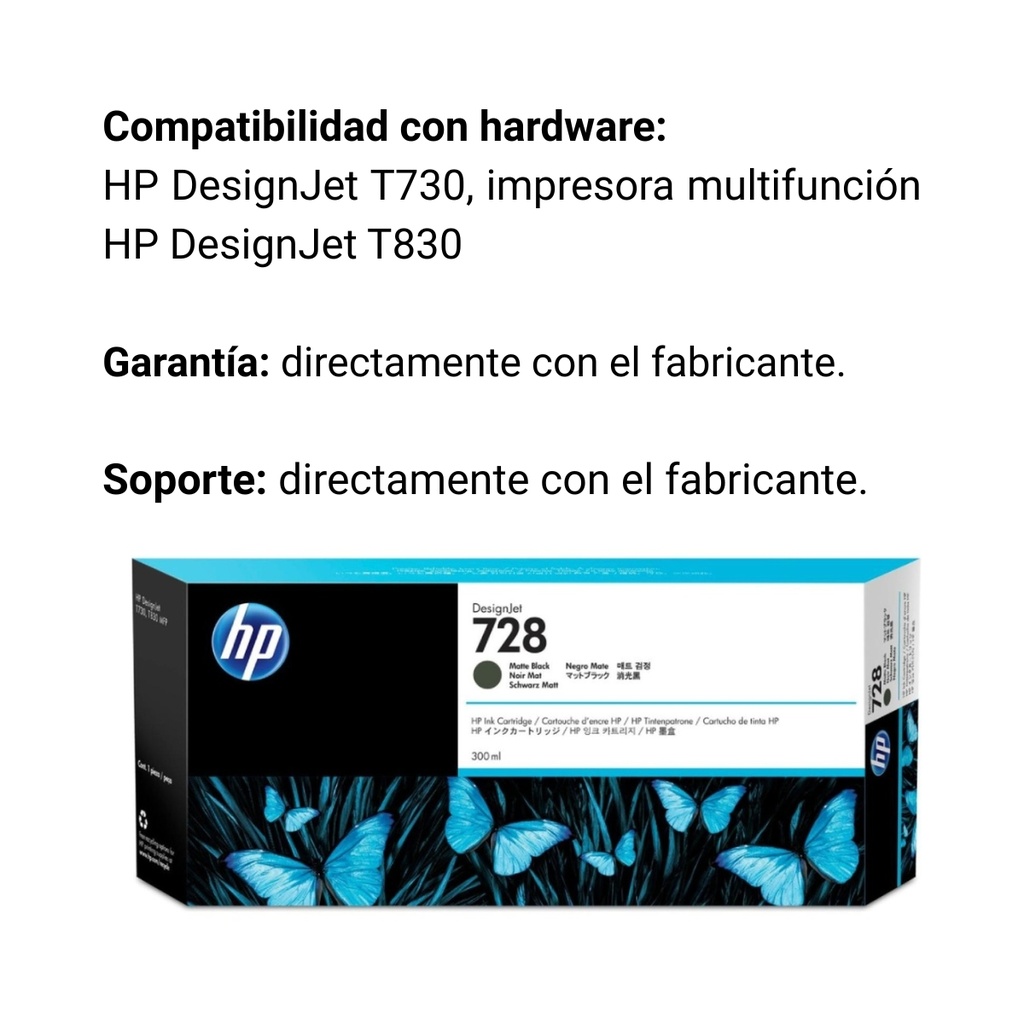 Cartucho Original De Tinta HP 728 Negro Mate, 300ml