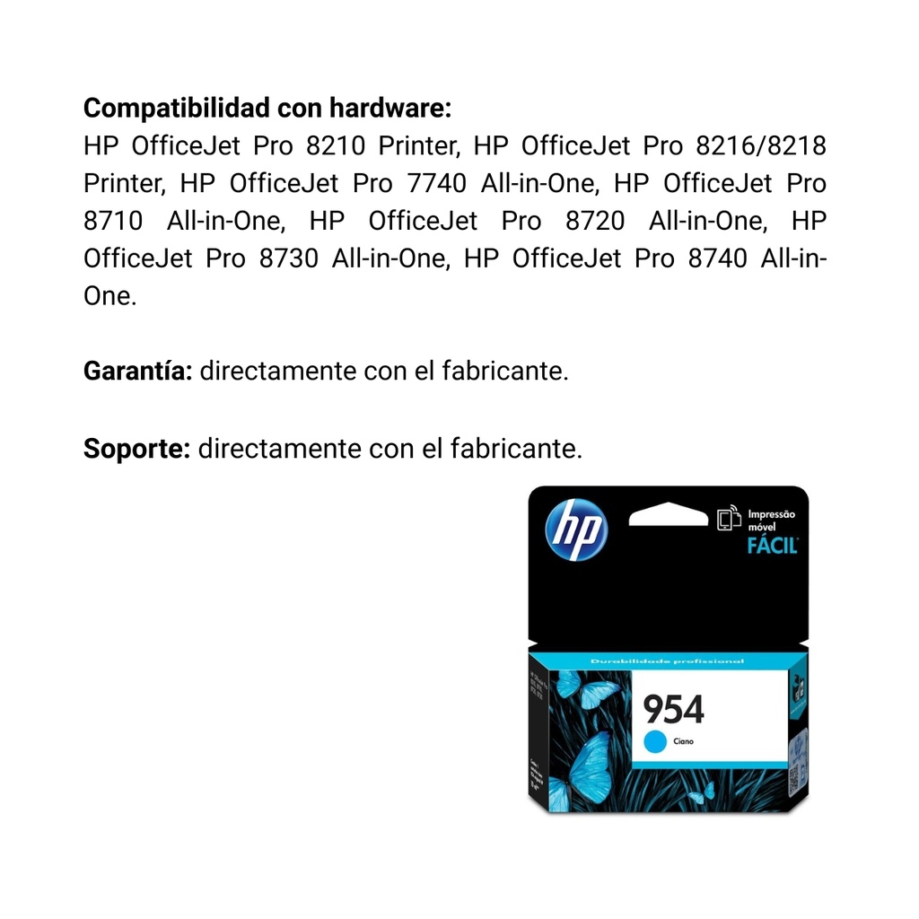 Cartucho Original De Tinta Hp 954 Cian, 700 Páginas, 10 ml