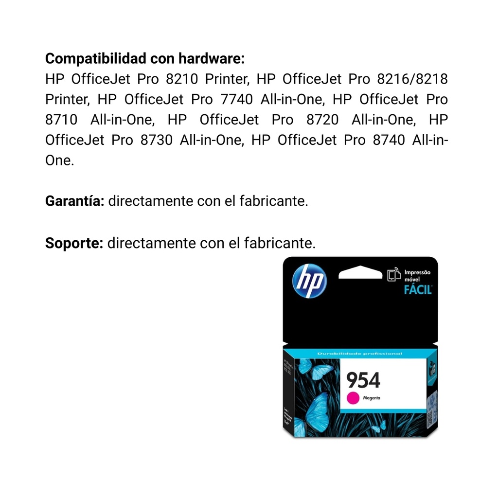 Cartucho Original De Tinta Hp 954 Magenta, 700 Páginas, 10 ml