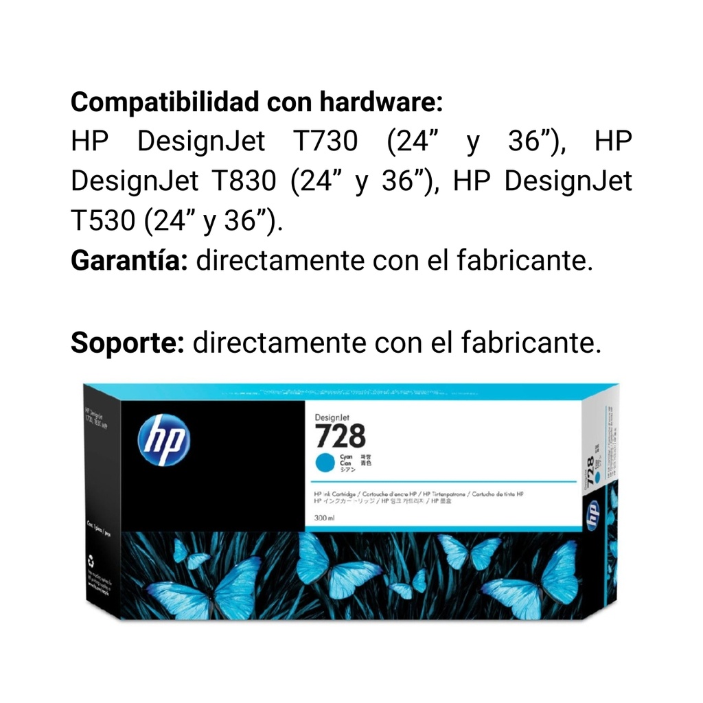 Cartucho Original De Tinta Hp 728 Cian, 300ml