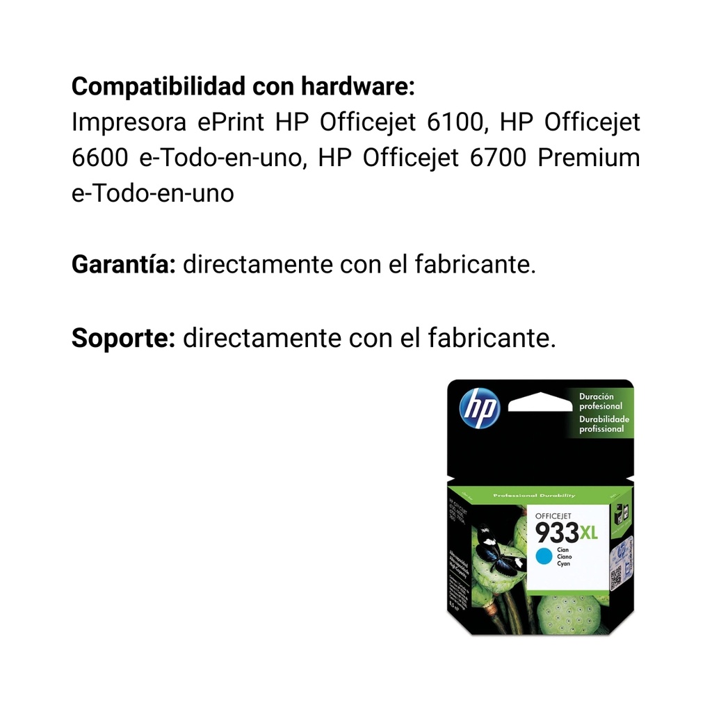 Cartucho Original De Tinta Hp 933xl Alto Rendimiento Cian, 825 Páginas, 8.5 ml