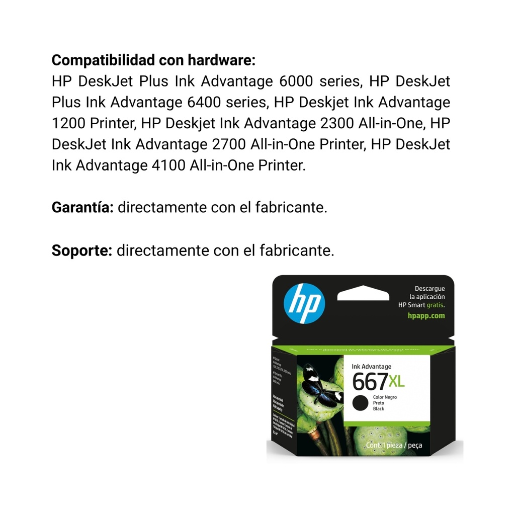 Cartucho Original de Tinta Hp 667xl Alto Rendimiento Negro, 480 Páginas, 8.5 ml