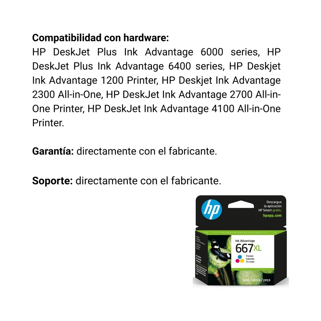 Cartucho Original de Tinta Hp 667xl Alto Rendimiento Tricolor, 330 Páginas, 8 ml
