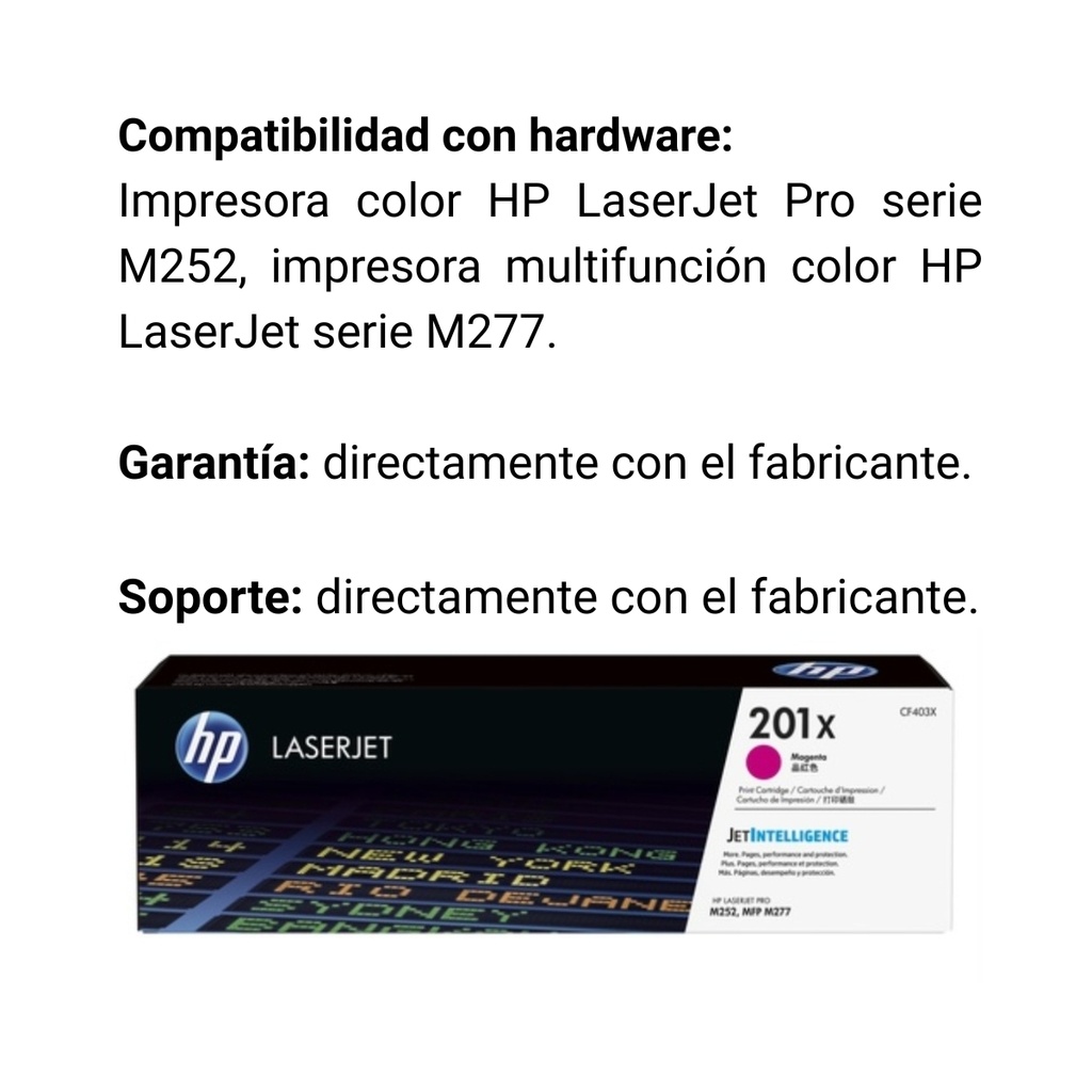 Cartucho Original de Tóner HP 201x Alto Rendimiento Magenta, 2.300 Páginas