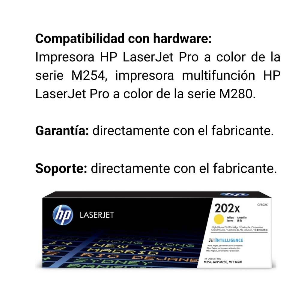 Cartucho Original De Tóner Hp 202X Alto Rendimiento Amarillo, 2.500 Páginas