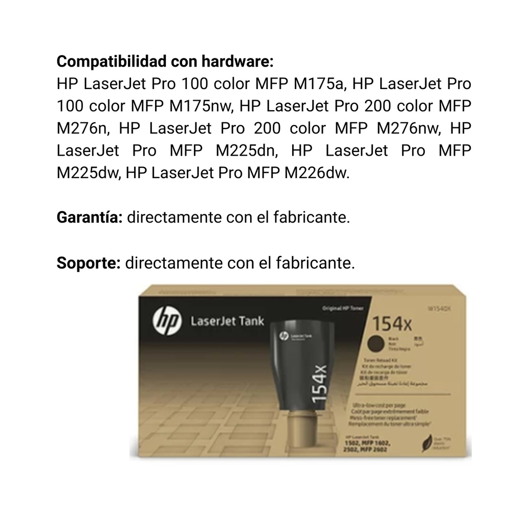 Cartucho Original De Tóner De Tanque Hp 154X Alto Rendimiento Negro, 5.000 Páginas