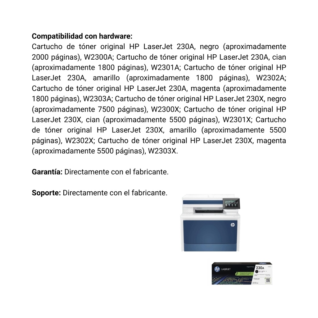 Combo Impresora Multifuncional HP Laserjet Pro 4303fdw Color Azul + Cartucho Original de Tóner HP 230A negro 2.000 Páginas