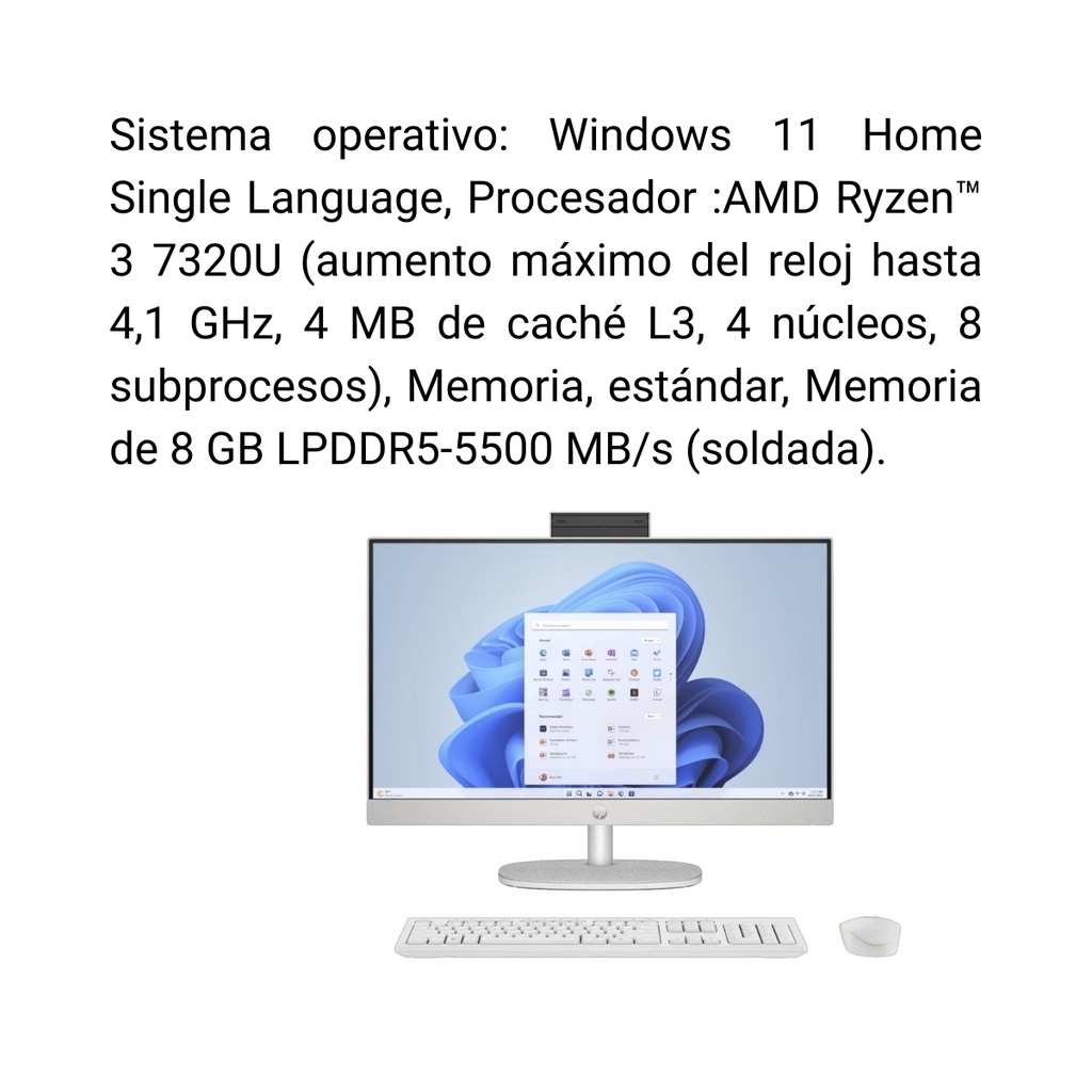 Computador Todo En Uno HP 24-cr0019la Ryzen 3 7320U RAM 8GB SSD 512GB W11 Home Blanco