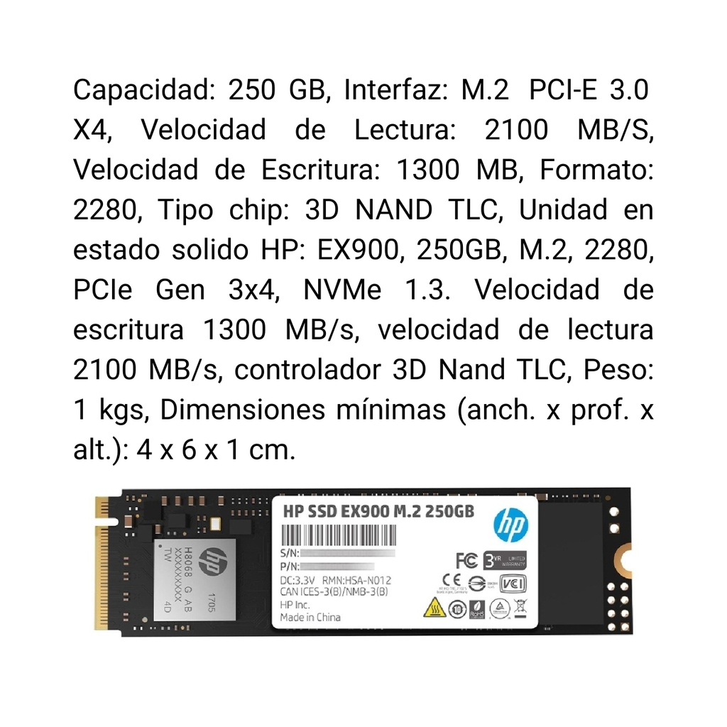 Disco Duro De Estado Solido SSD Hp 250Gb Ex900 M.2 PCIe