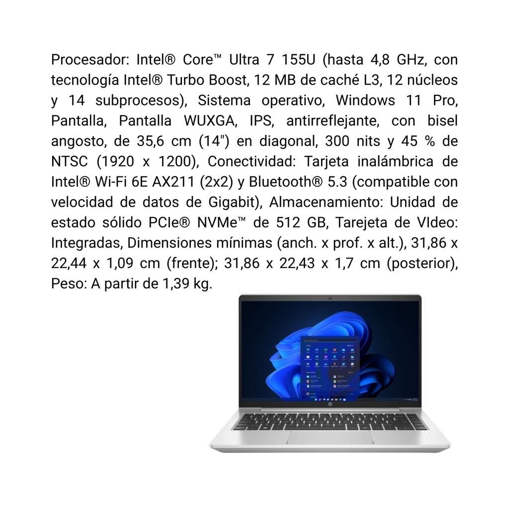 Portátil HP ProBook 440 G11 Intel Core Ultra7 RAM 16GB SSD 512GB W11Pro Color Plateado