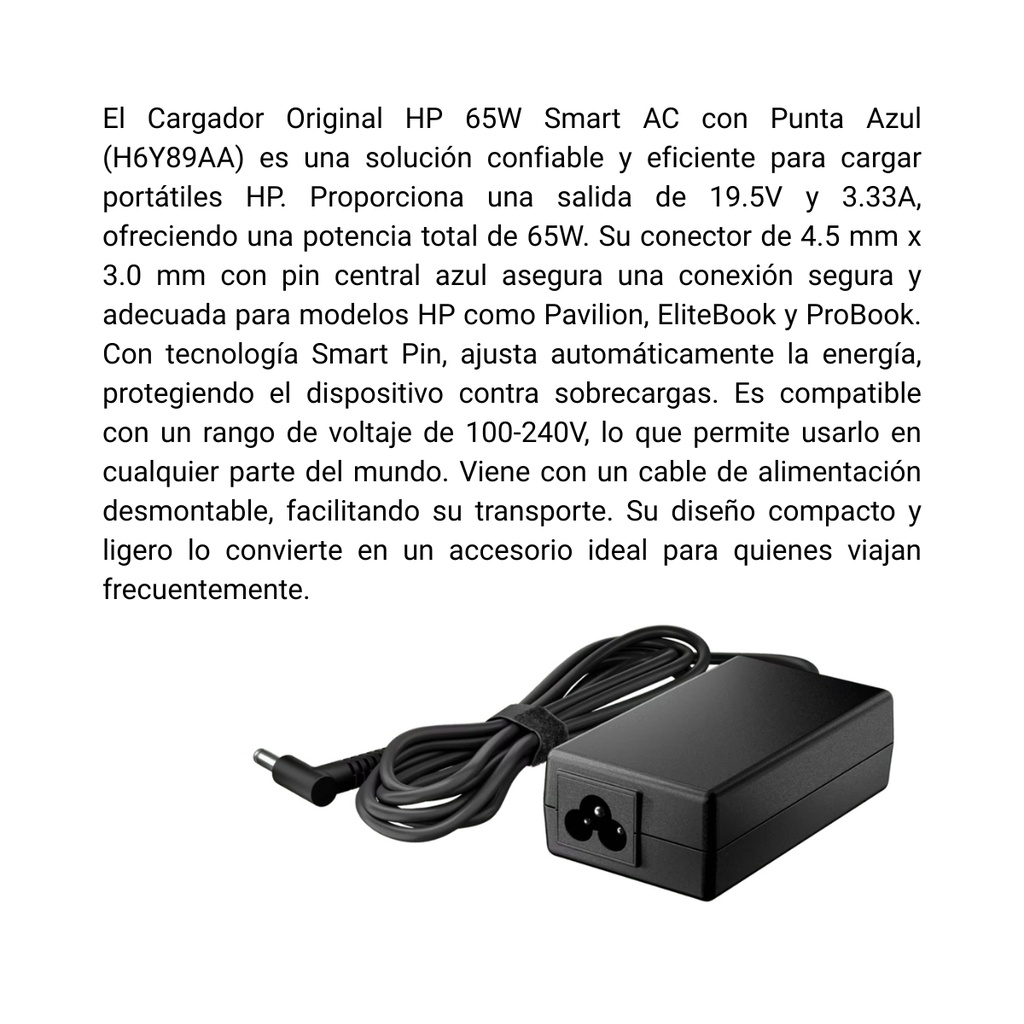 Cargador Original Para Portátil HP 65W Smart AC Adaptador Punta Azul 