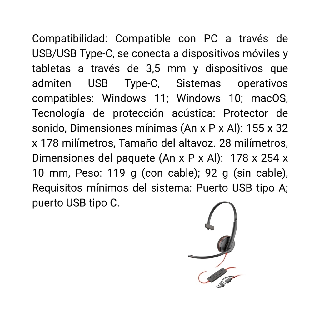 Diadema Poly Blackwire 3210 Monaural USB-C
