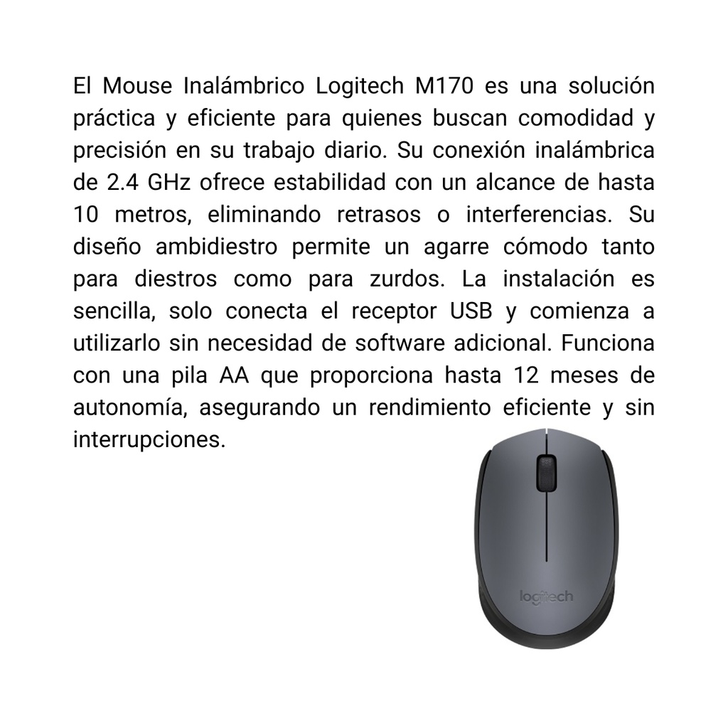 Mouse Inalámbrico Logitech M170 Gris con Conexión USB