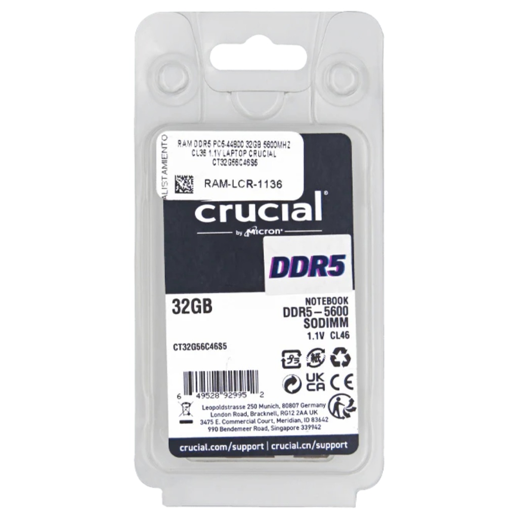 Memoria RAM Crucial Para Laptop DDR5 PC5-44800 32GB 5600MHZ CL46 1.1V 