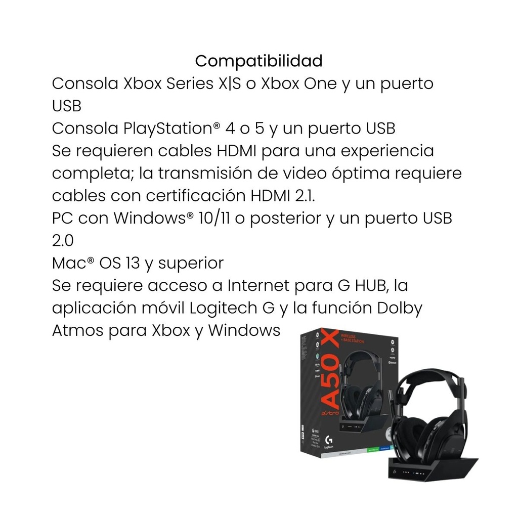 Diadema Gamer Inalámbrica Logitech A50 X LIGHTSPEED Más Base De Carga Gaming Headset