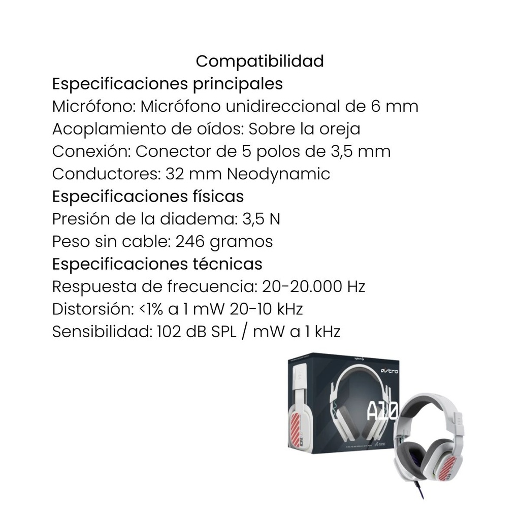 Diadema Logitech Astro Gaming A10 Gen 2 Headset Xbox PC 3.5 mm Blanca