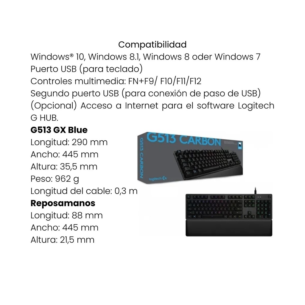 TECLADO MECÁNICO LOGITECH G513 CARBON LIGHTSYNC RGBA NEGRO