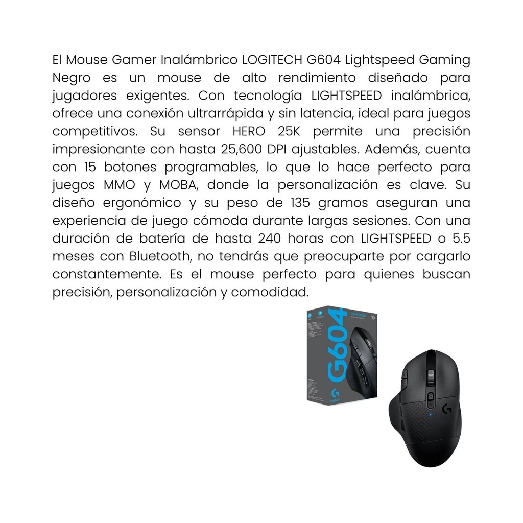 Mouse Gamer Inalámbrico LOGITECH G604 Lightspeed Gaming Negro