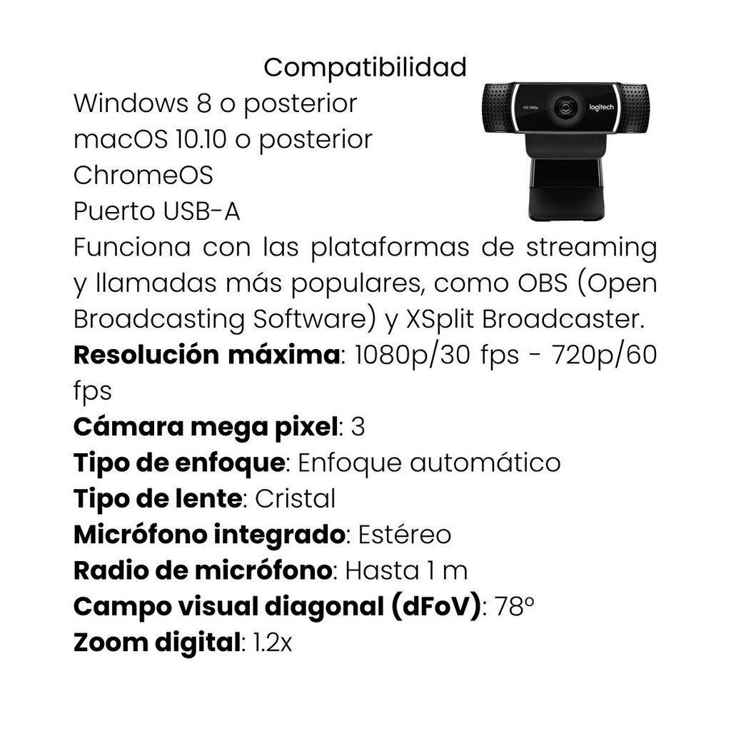 Cámara Web Logitech HD Pro C920 con Micrófono Estéreo Integrado