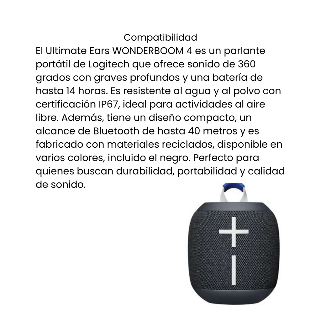 Parlante Logitech Ultimate Ears WONDERBOOM 4 Color Negro