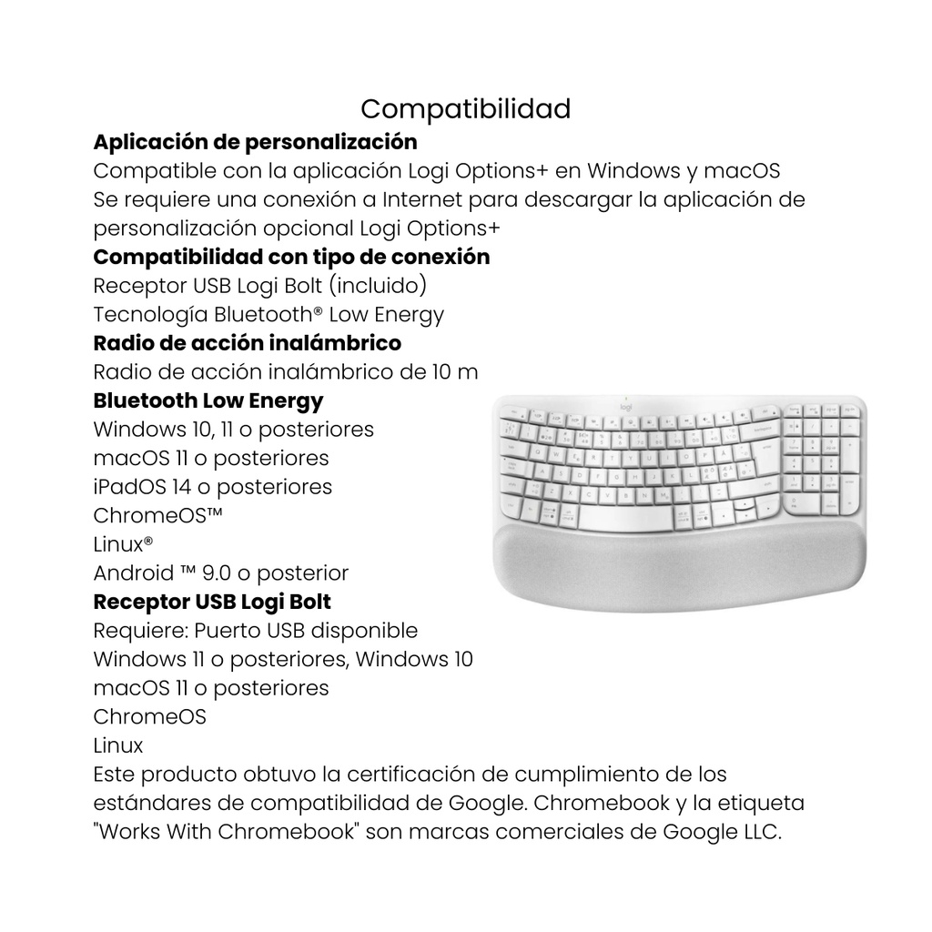 Teclado Wave Keys Ergonómico Logitech Inalámbrico Color Blanco