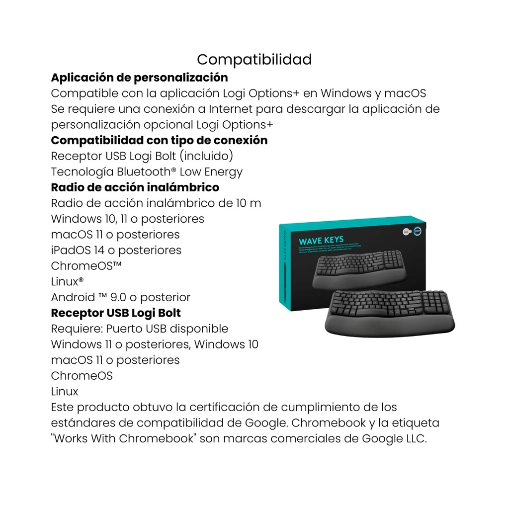 Teclado Wave Keys Ergonómico Logitech Bluetooth - Inalámbrico Color Negro
