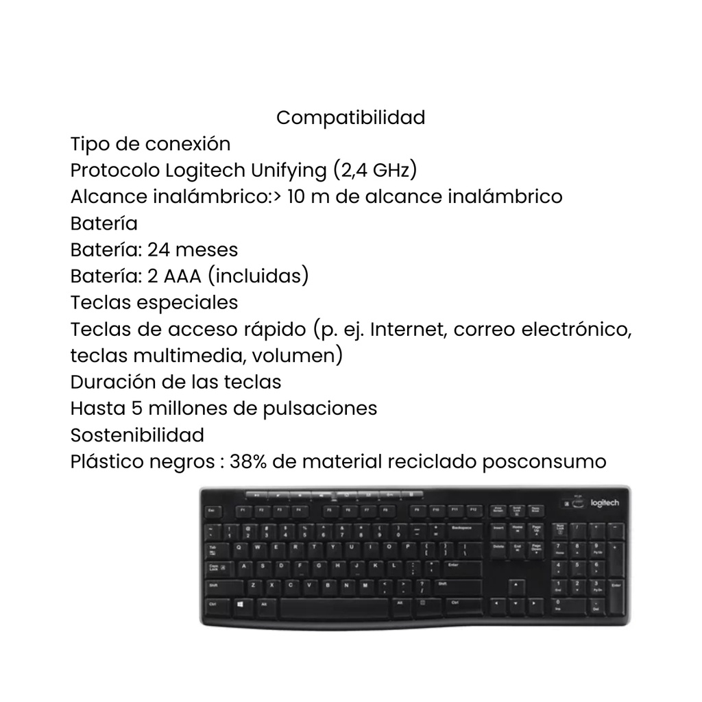 Teclado Inalámbrico Logitech K270- Color Negro