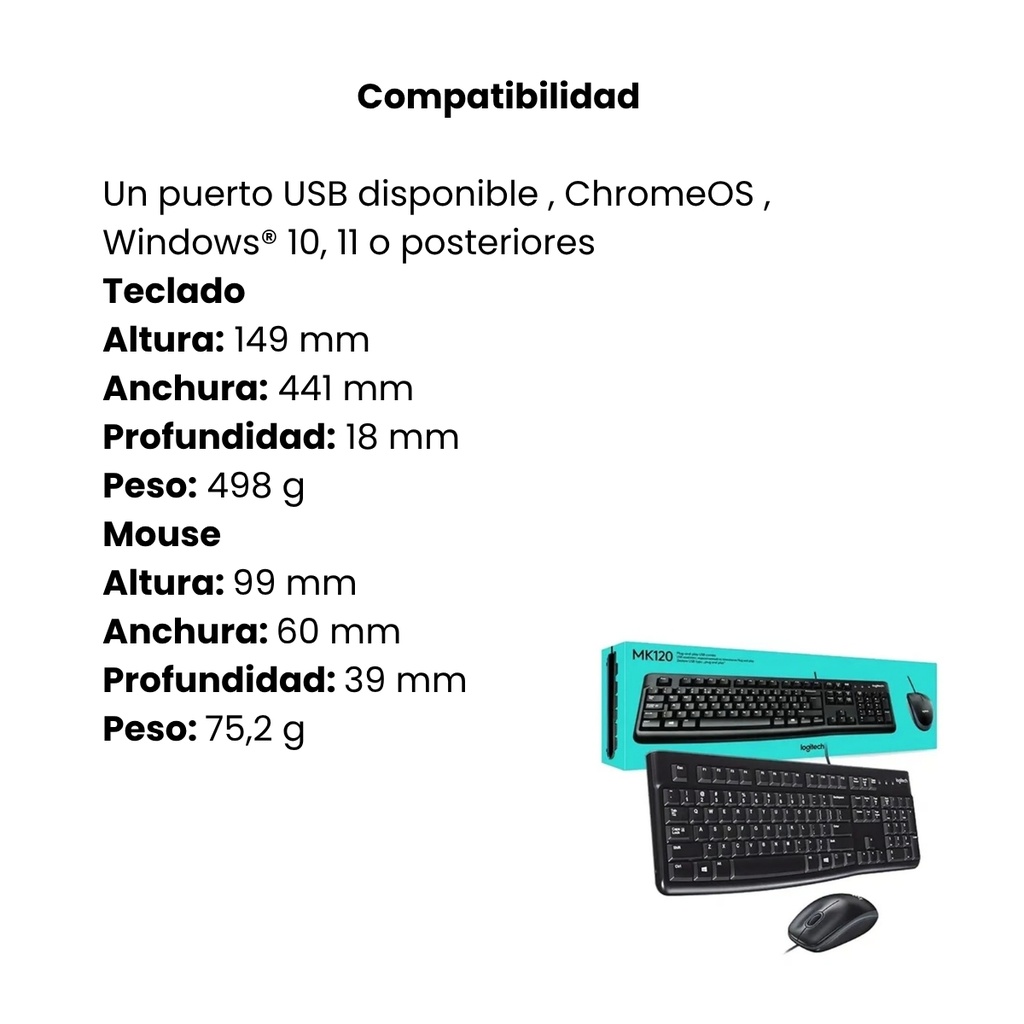 Combo Teclado y Mouse Alámbrico Logitech USB MK120 Negro