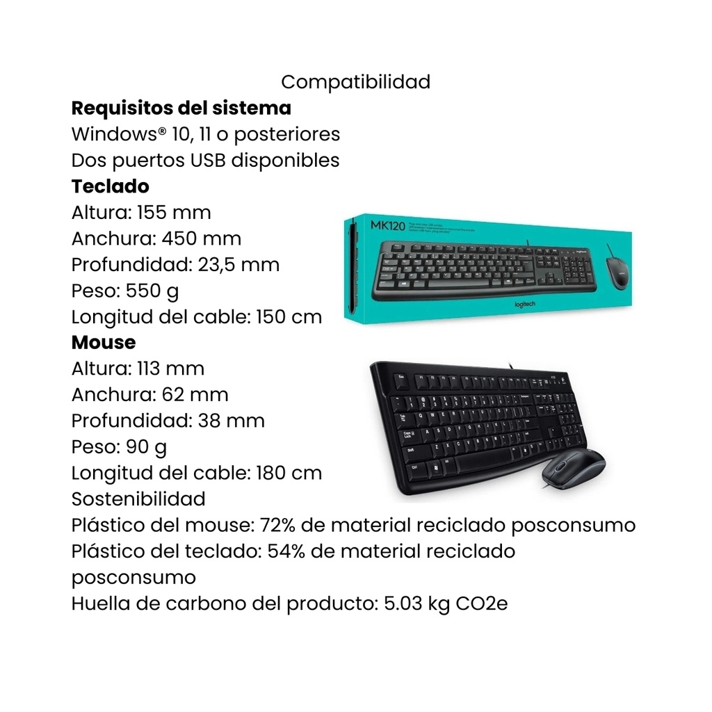 Combo Teclado y Mouse Alámbrico Logitech USB MK120 Negro