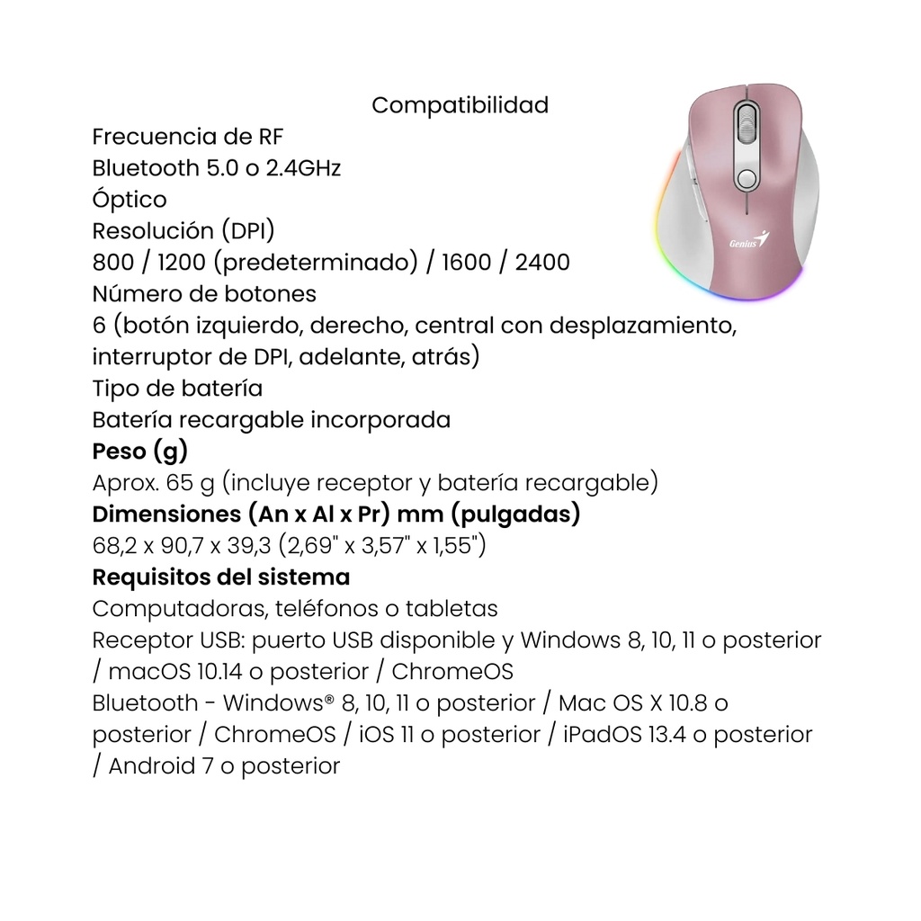 Mouse Genius Ergo 9000S Pro Con Conexión USB Rosado