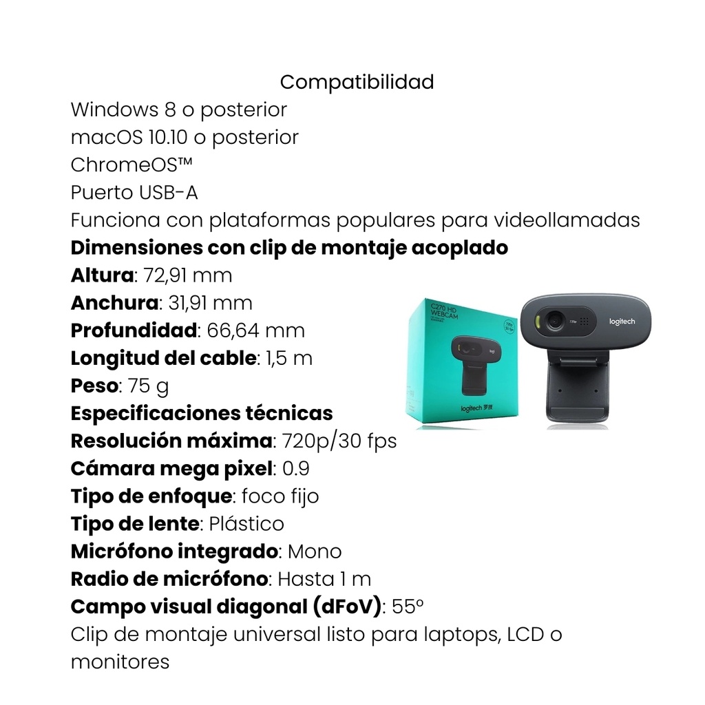 Cámara Web Logitech HD C270 con Micrófono Integrado