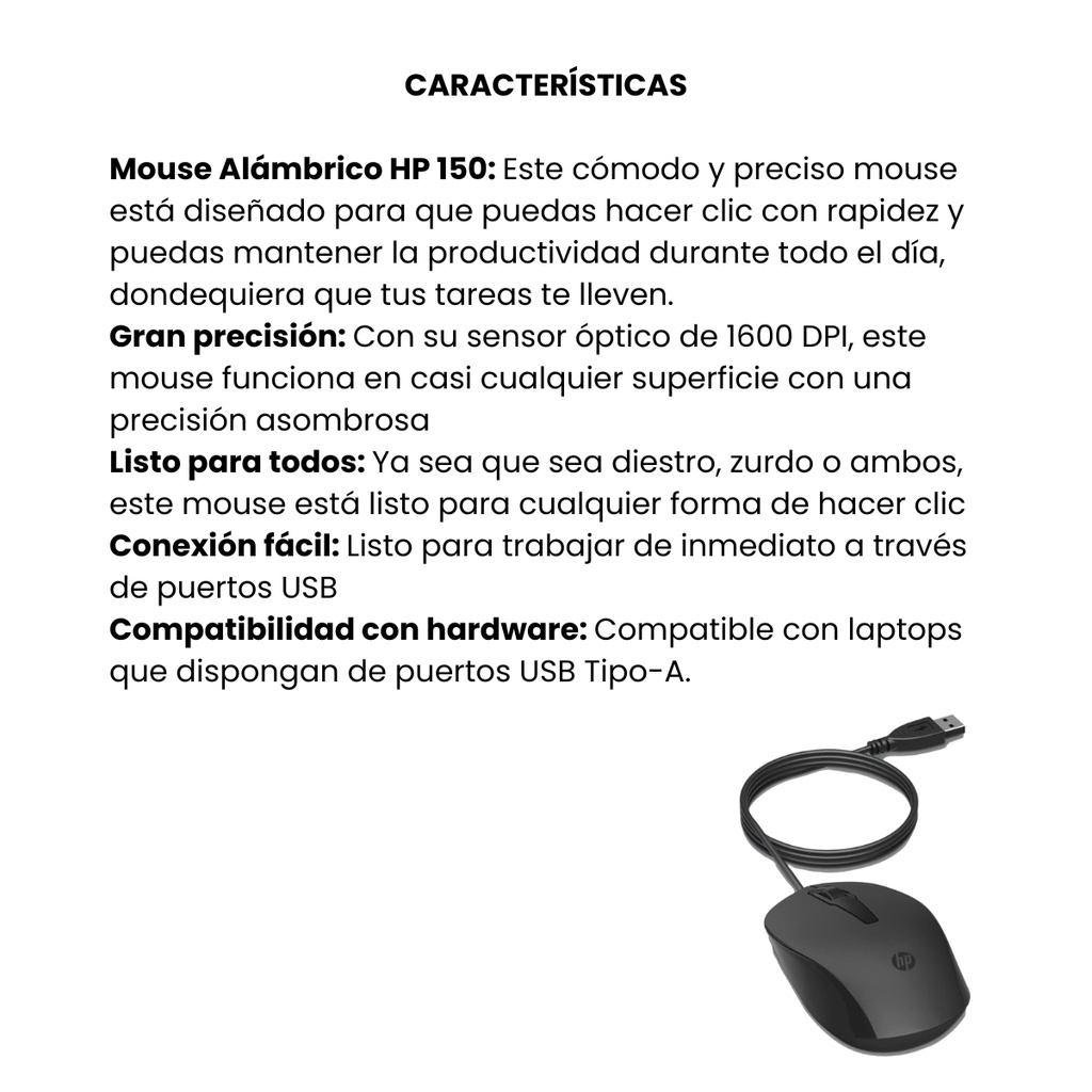 Mouse Alámbrico HP 150 Con Conexión USB Y Diseño Ambidiestro Negro