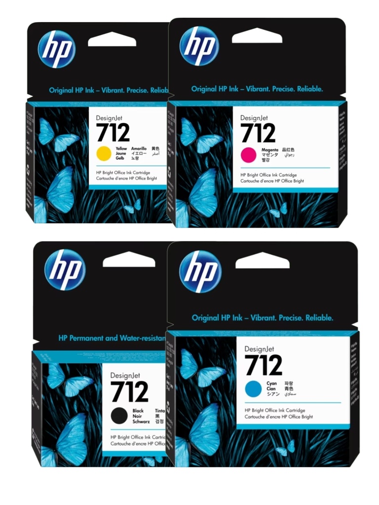 Pack Cartucho Original De Tinta Hp 712 Amarillo, Cian, Magenta de 29ml y Negro 38ml