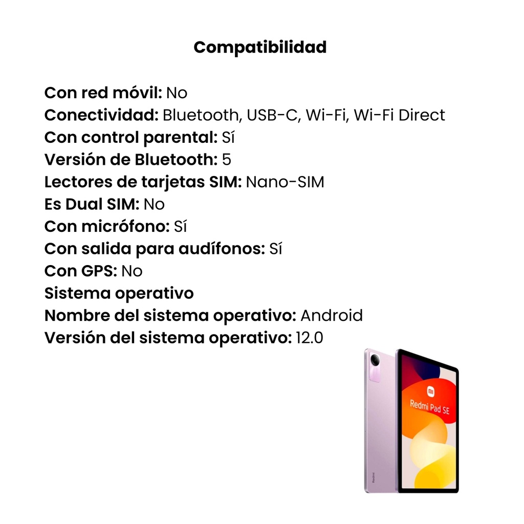 Tableta Xiaomi Redmi Pad SE RAM 4GB ROM 128GB Color Lavender Purple