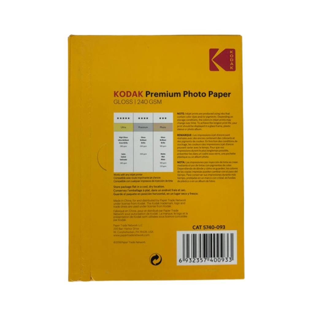 Papel Fotográfico Kodak Tamaño A4 240 gr x 20 Hojas Brillante para Inyección