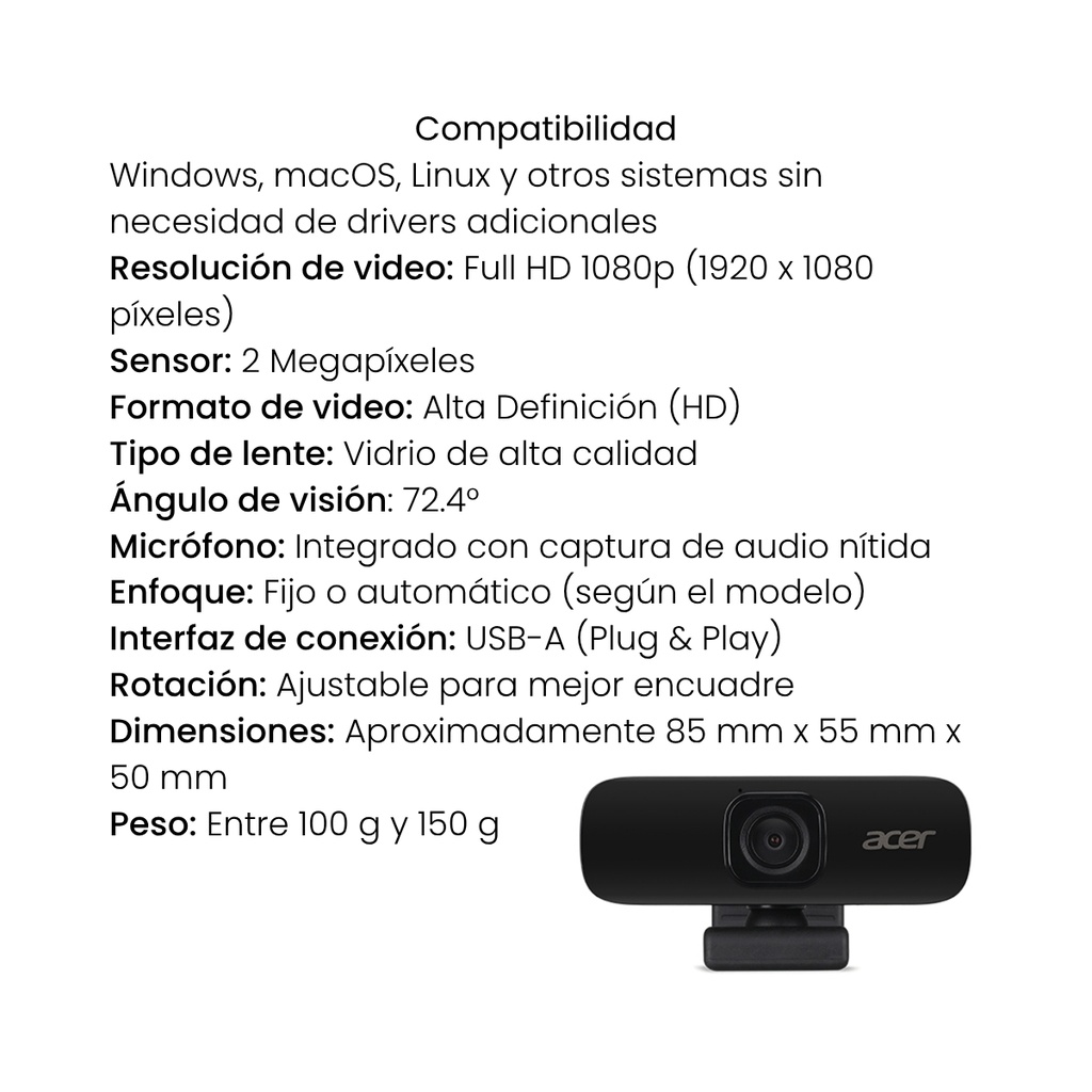 Cámara Web ACR100 FHD – Resolución 2MP con Micrófono Integrado