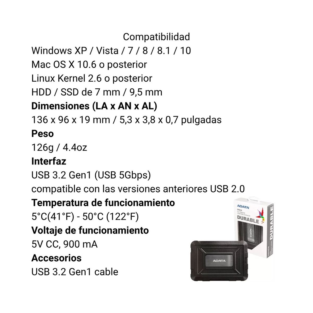 CARCASA EXTERNA RESISTENTE ADATA 2.5 USB 3.1 